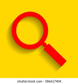 Zoom sign illustration. Vector. Red icon with soft shadow on golden background.
