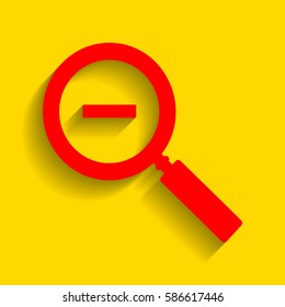 Zoom sign illustration. Vector. Red icon with soft shadow on golden background.