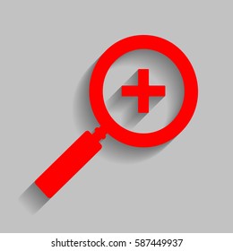 Zoom sign illustration. Vector. Red icon with soft shadow on gray background.
