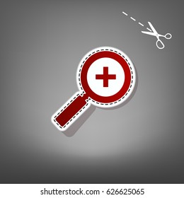 Zoom sign illustration. Vector. Red icon with for applique from paper with shadow on gray background with scissors.