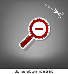 Zoom sign illustration. Vector. Red icon with for applique from paper with shadow on gray background with scissors.