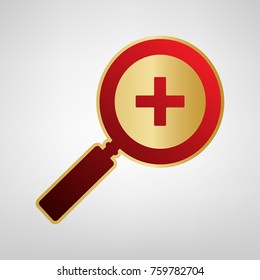Zoom sign illustration. Vector. Red icon on gold sticker at light gray background.