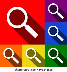 Zoom sign illustration. Vector. Set of icons with flat shadows at red, orange, yellow, green, blue and violet background.