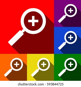 Zoom sign illustration. Vector. Set of icons with flat shadows at red, orange, yellow, green, blue and violet background.