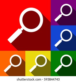 Zoom sign illustration. Vector. Set of icons with flat shadows at red, orange, yellow, green, blue and violet background.