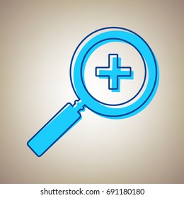 Zoom sign illustration. Vector. Sky blue icon with defected blue contour on beige background.