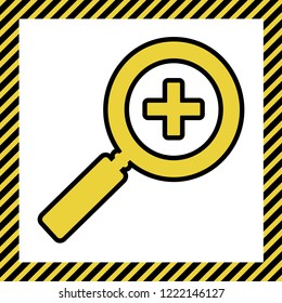 Zoom sign illustration. Vector. Warm yellow icon with black contour in frame named as under construction at white background. Isolated.
