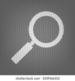 Zoom sign illustration. Vector. White knitted icon on gray knitted background. Isolated.
