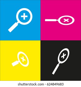 Zoom sign illustration. Vector. White icon with isometric projections on cyan, magenta, yellow and black backgrounds.