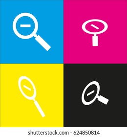 Zoom sign illustration. Vector. White icon with isometric projections on cyan, magenta, yellow and black backgrounds.