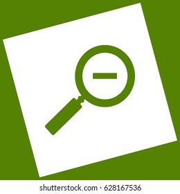 Zoom sign illustration. Vector. White icon obtained as a result of subtraction rotated square and path. Avocado background.