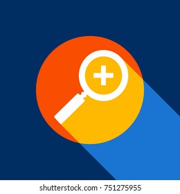 Zoom sign illustration. Vector. White icon on tangelo circle with infinite shadow of light at cool black background. Selective yellow and bright navy blue are produced.