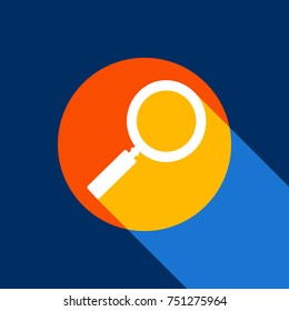 Zoom sign illustration. Vector. White icon on tangelo circle with infinite shadow of light at cool black background. Selective yellow and bright navy blue are produced.