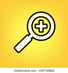 Zoom sign illustration. Vector. Yellow polka dot white icon with black contour at warm yellow background.