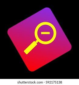Zoom sign illustration. Vector. Yellow icon at violet-red gradient square with rounded corners rotated for dynamics on black background.