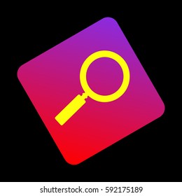 Zoom sign illustration. Vector. Yellow icon at violet-red gradient square with rounded corners rotated for dynamics on black background.
