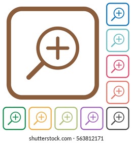 Zoom in simple icons in color rounded square frames on white background
