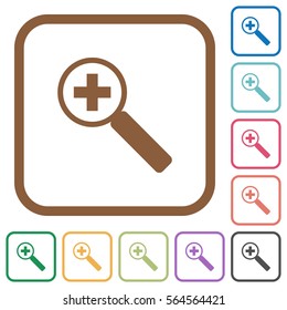 Zoom in simple icons in color rounded square frames on white background
