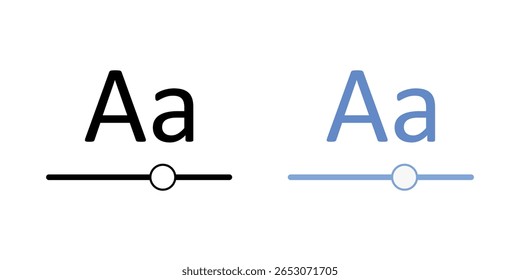 Ícone de recurso de texto de zoom com letras "A" grandes e pequenas e um controle deslizante, ideal para ajuste do tamanho do texto, acessibilidade visual e ilustrações de personalização de legibilidade.