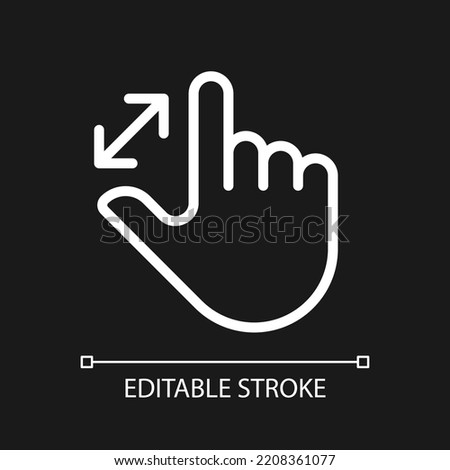Zoom in touch pixel perfect white linear icon for dark theme. Enlargement. Magnify image. Display navigation. Thin line illustration. Isolated symbol for night mode. Editable stroke. Arial font used