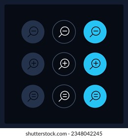 Zoom UI elements kit. Image viewing size buttons isolated vector components. Flat navigation menus and interface buttons template. Dark theme web design widget collection for mobile application