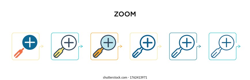 Zoom vector icon in 6 different modern styles. Black, two colored zoom icons designed in filled, outline, line and stroke style. Vector illustration can be used for web, mobile, ui