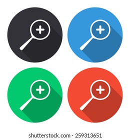 Zoom vector icon - colored(gray, blue, green, red) round buttons with long shadow