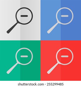 Zoom vector icon. Effect of folded paper. Colored (red, blue, green) illustrations. Flat design