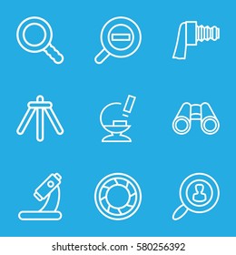 zoom vector icons. Set of 9 zoom outline icons such as microscope, binoculars, search, camera shutter, camera tripod