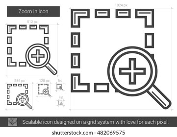 Zoom in Vektorgrafik Symbol einzeln auf weißem Hintergrund. Vergrößern Sie das Zeilensymbol für Infografik, Website oder App. Skalierbares Symbol, das auf einem Gittersystem entworfen wurde.