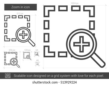 Zoom in vector line icon isolated on white background. Zoom in line icon for infographic, website or app. Scalable icon designed on a grid system.