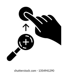 Zoom in vertical gesture glyph icon. Touchscreen gesturing. Human hand and fingers. Using sensory devices. Silhouette symbol. Negative space. Vector isolated illustration