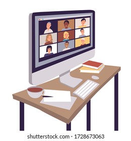 Zoom Video Conference Call Via Computer. Home Office. Stay At Home And Work From Home Concept During Coronavirus Pandemic.
Vector. Cartoon Illustration.