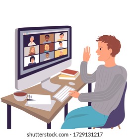 Zoom Video Conference Call Via Computer. Home Office. Stay At Home And Work From Home Concept During Coronavirus Pandemic.
Vector. Cartoon Illustration.