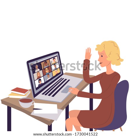 Zoom video conference call via computer. Home office. Stay at home and work from home concept during Coronavirus pandemic.
Vector. Cartoon illustration.