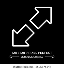 Zoom in white linear icon for dark theme. Full screen mode. Enlarge and expand. User interface arrows. Web design element. Thin line illustration. Isolated symbol for night mode. Editable stroke