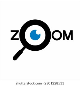  "zoom" word logo design with magnifying glass concept on letter O.