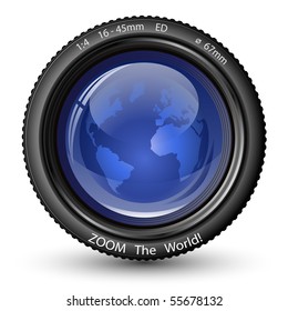 Zoom the World! Vector illustration of camera lens with Globe. Icon for TV News