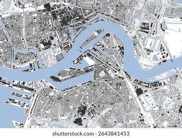Carte d'Images vectorielles de Rotterdam en noir et blanc avec zoom, mettant en évidence ses autoroutes, ses bâtiments et ses voies navigables