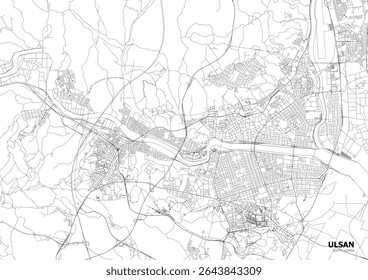 Zoomed, black and white vector map of Ulsan highlighting its highway network