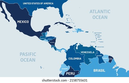 Se amplió el mapa de américa central dentro del mapa del mundo. Las fronteras del país están separadas por tonos azules. Trabajo de vectores