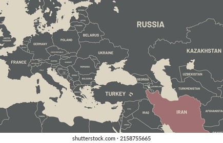 Zoomed europe and asia map. Der Iran hat sich anders gefärbt als andere Länder. Vektorgrafik-Design