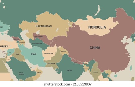 Zoomed map of asia. Country borders are marked with different colors. Especially China and its neighbors seem closer