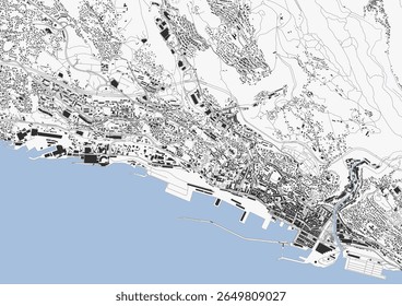 Mapa vetorial ampliado de Rijeka, Croácia, mostrando detalhes intrincados de rodovias, edifícios e vias navegáveis. Captura infraestrutura urbana e layout específicos com alta clareza.