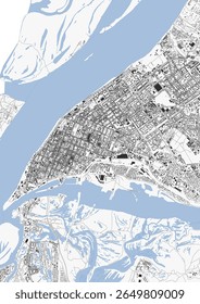 Mapa vetorial de Samara, Rússia, mostrando detalhes intrincados de rodovias, edifícios e vias navegáveis. Captura infraestrutura urbana e layout específicos com alta clareza.