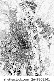 Mapa vetorial detalhado de Košice, Eslováquia, mostrando detalhes intrincados de rodovias, edifícios e vias navegáveis. Captura infraestrutura urbana e layout específicos com alta clareza.