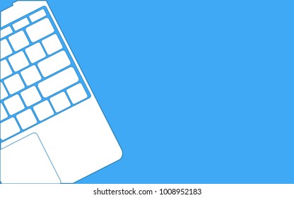 Zoom-in Crop from left White Flat Design Laptop with blank keyboard Isolate on blue background.Copy Space for content.