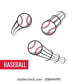 Zooming colorful baseball ball illustration flying through the air with curved motion trails. Vector abstract illustration