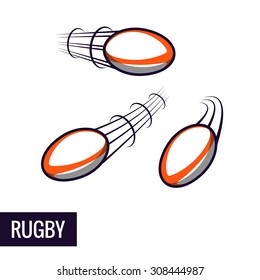 Zooming colorful rugby ball illustration flying through the air with curved motion trails. Vector abstract illustration