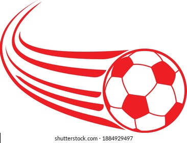 Zooming soccer ball logo volando por el aire con pistas de movimiento curvadas en un dibujo de doodle vectorial blanco y negro